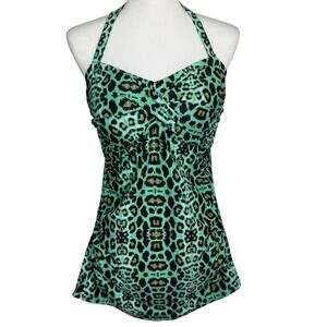 VENUS Women's 12 Green Leopard Print Halter Tankini Swim Top Padded Push Up Bra‎